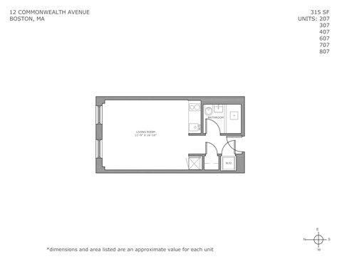 Floor plan for studio, 1 bath, 385 sqft